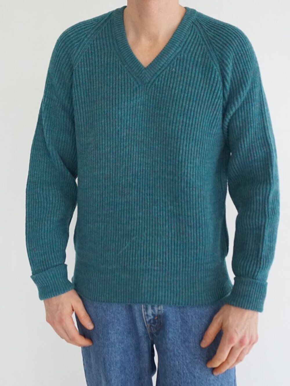 Vintage Parkhurst Teal Rib Knit Wool Sweater V Neck Made in Canada L